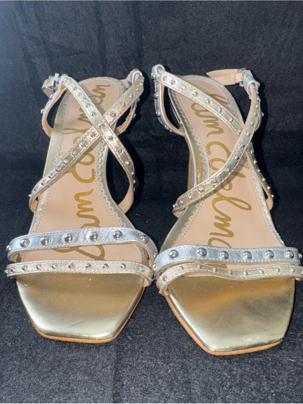 Sam Edelman Gold Silver Studded Strappy Sandals Stilletto Heel 7 Ankle Strap